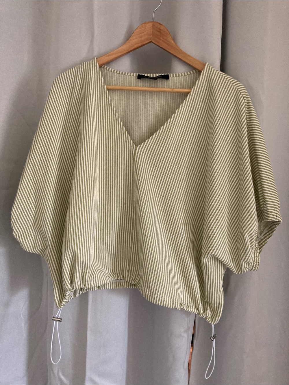 Marc New York Cream and Sage Striped V-Neck Drawstring Top
